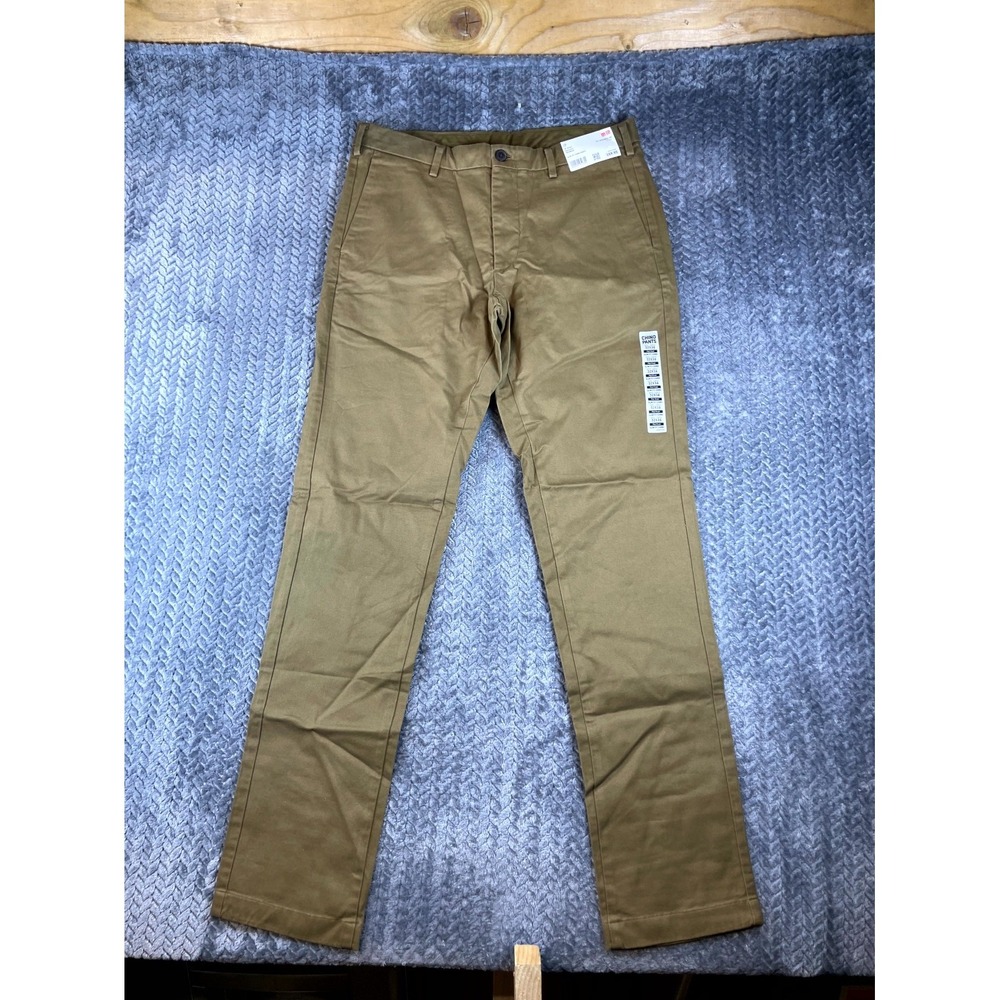 Uniqlo Chino Pants Mens 32x34 Khaki Cotton Stretch Straight Slim Fit 321-479338
